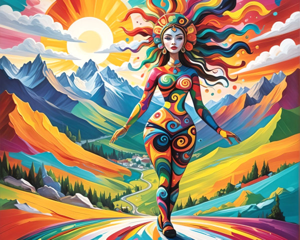 Vibrant Surreal Landscape with Colorful Nature Figure