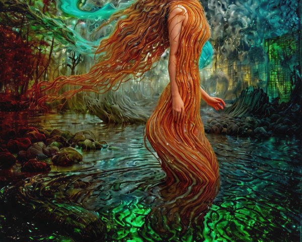 Mystical figure in shimmering waters with vibrant backdrop
