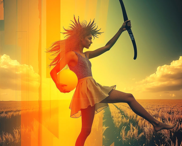 Silhouette of a girl with boomerang at sunset