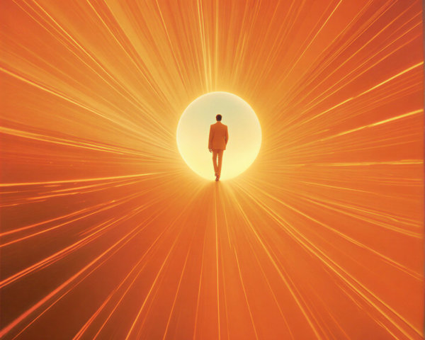 Solitary Figure Approaching a Vibrant Sun-like Orb
