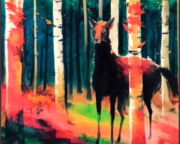 Lone Black Creature Among Colorful Birch Trees