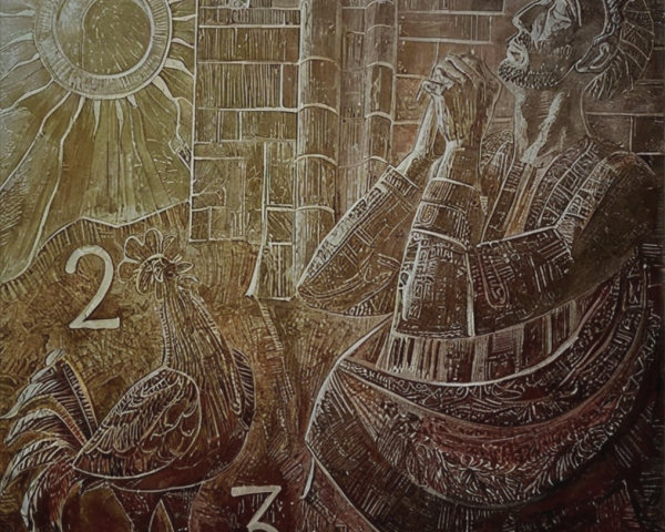 Bronze Relief of a Man in Prayer with Rooster Symbolism