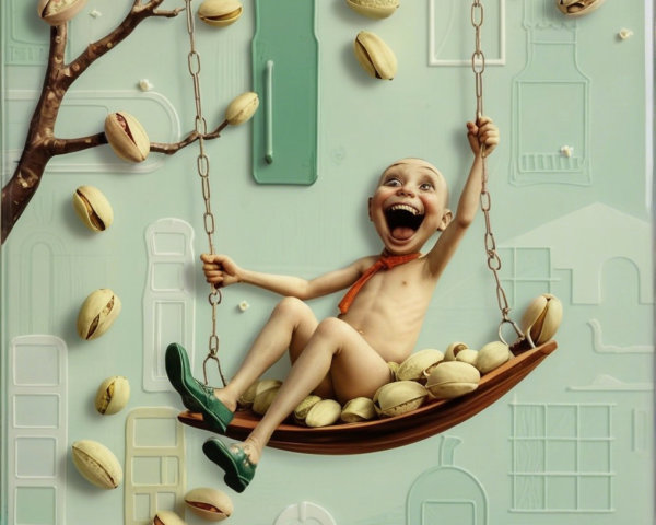 Whimsical Scene of a Child Swinging with Pistachios