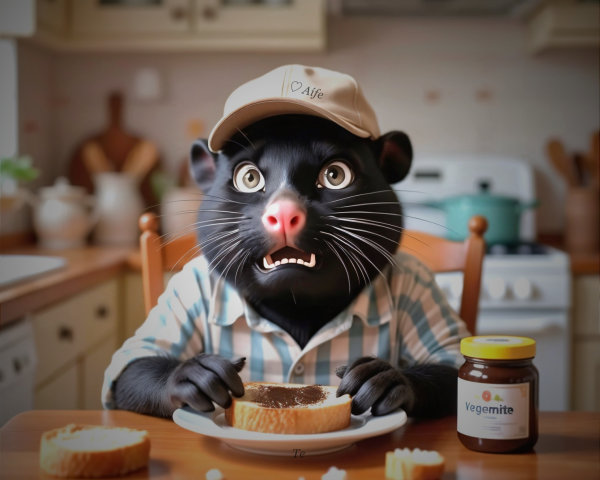 Cartoon Black Cat with Vegemite in Cozy Kitchen Setting