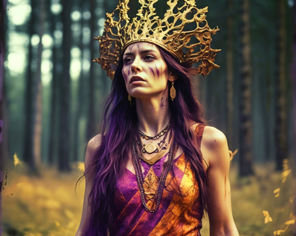 Mystical Figure in Forest with Golden Crown and Purple Hair