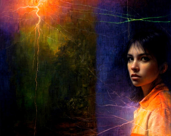 Young girl in orange outfit with dramatic backdrop
