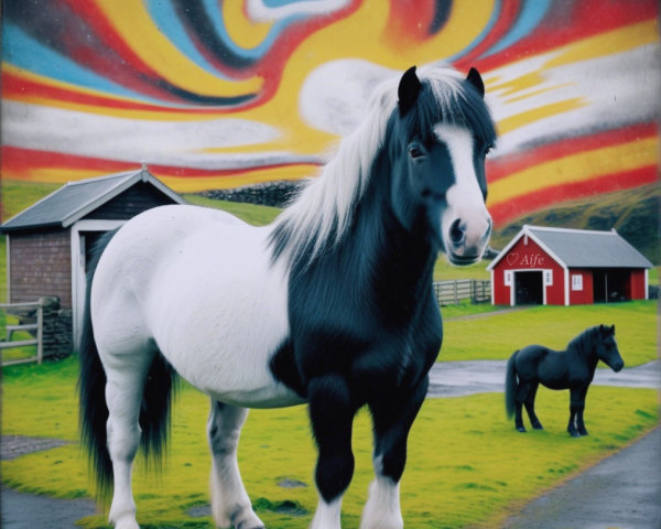 Black and White Horse in a Surreal Landscape Scene