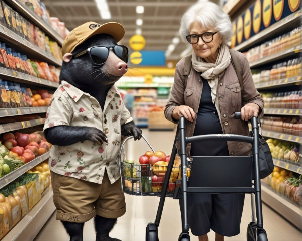 Cartoon Mole and Elderly Woman Shopping Together