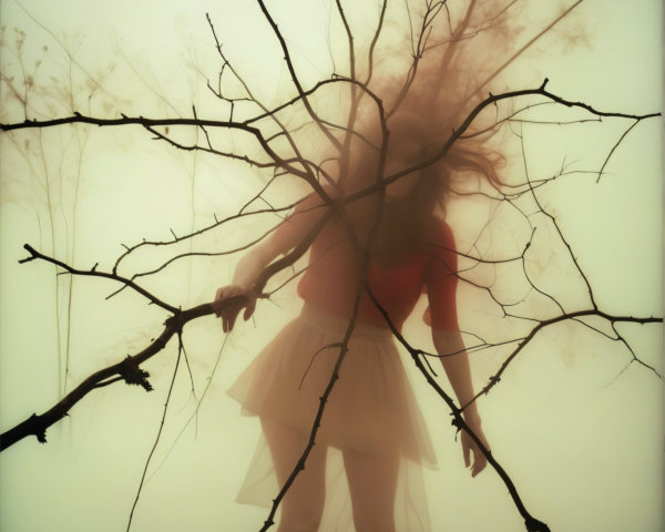 Mysterious figure in red among eerie branches and fog