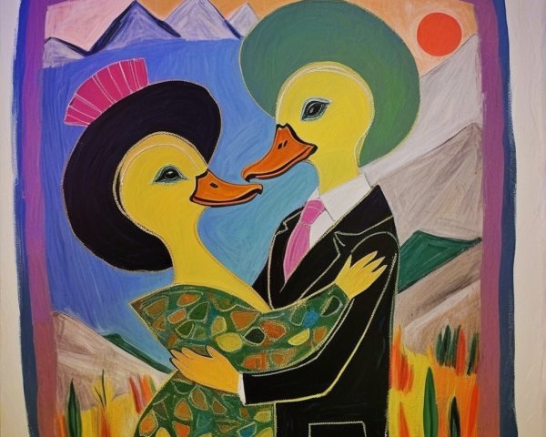 Anthropomorphic Ducks Embracing in Vibrant Landscape