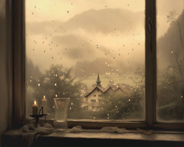 Cozy Cabin Window with Misty Landscape and Candlelight