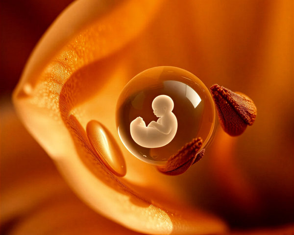 Orange Flower Petal with Water Droplet and Fetus Silhouette