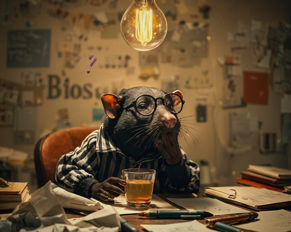 Cartoon Rat in Cluttered Office Setting with Desk Items