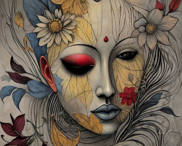 Stylized Woman's Face with Flowers and Leaf Patterns