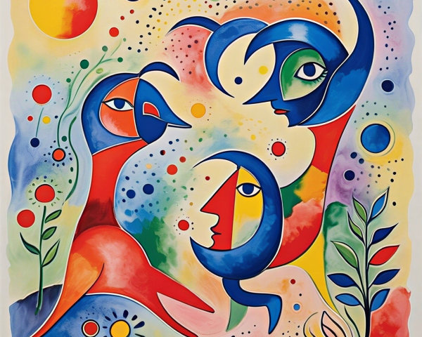 Vibrant Abstract Artwork with Stylized Figures and Shapes