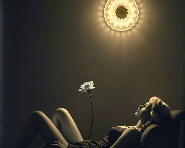 Woman in Armchair with Sunflower Lamp in Dark Studio