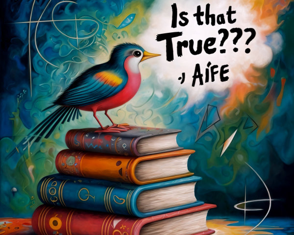 Colorful Bird on Vibrant Books with Abstract Patterns