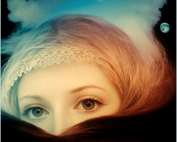Close-up of a woman's face with celestial backdrop