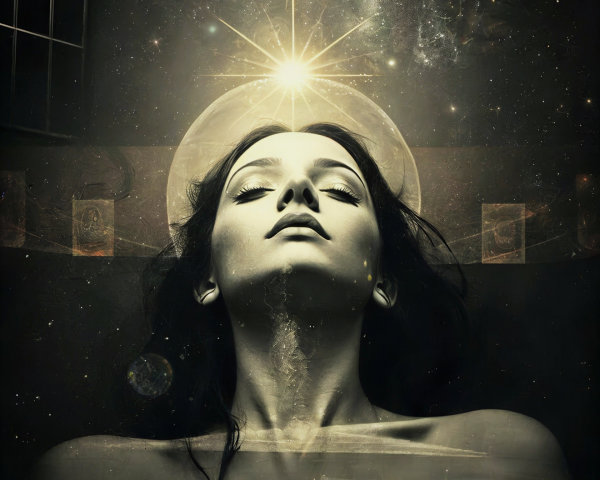 Serene Figure in Cosmic Backdrop with Ethereal Light