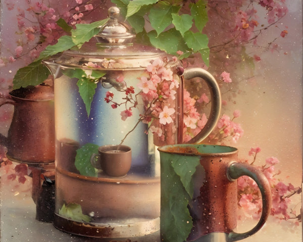 Vintage Silver Teapot with Cherry Blossoms Still Life