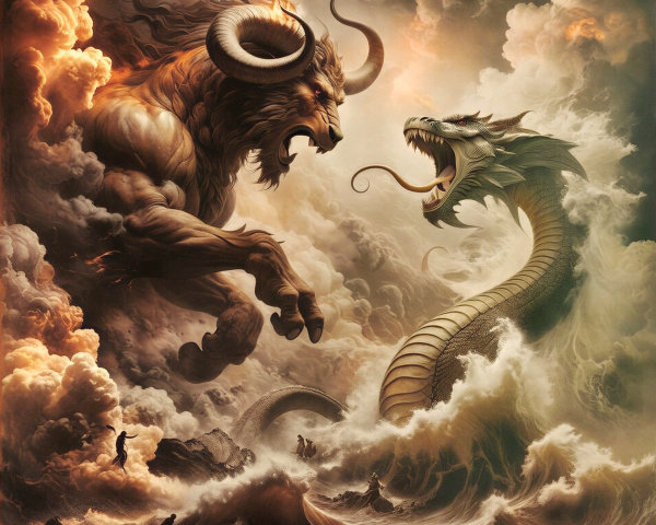 Epic Battle Between Beast and Serpent Amidst Waves