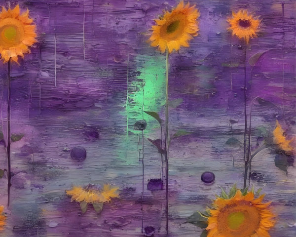 Vibrant Sunflowers in Orange and Yellow Against Purple