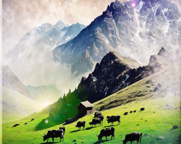 Alpine Landscape with Mountains and Grazing Cows