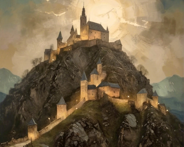 Majestic Castle on Rugged Mountain with Misty Atmosphere