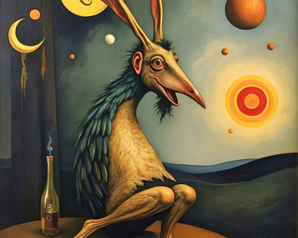 Whimsical creature in surreal landscape with celestial bodies