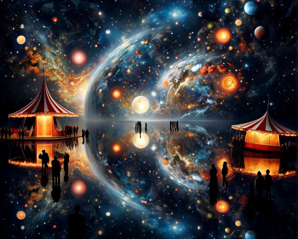 Surreal Cosmic Carnival with Vibrant Tent Structures