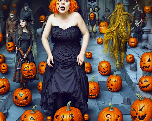Gothic Woman with Orange Hair in Spooky Castle Scene