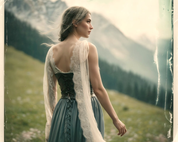 Young woman in flowing gown in a misty meadow