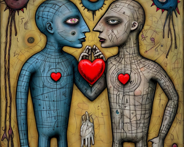 Abstract Figures with Hearts and Symbolic Surroundings