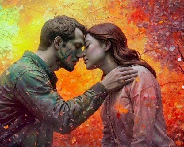Couple Kissing in Vibrant Autumn Foliage Setting