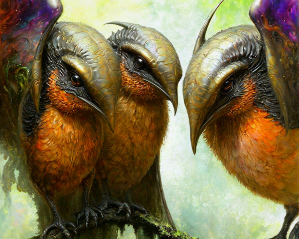 Vibrant Birds with Unique Beaks in Mystical Forest