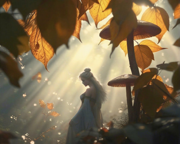 Serene figure in a mystical forest with autumn leaves