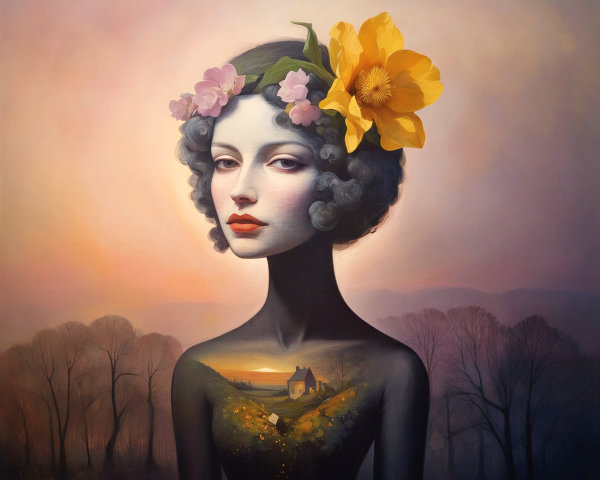 Digital Painting of Woman with Floral Hair and Landscape