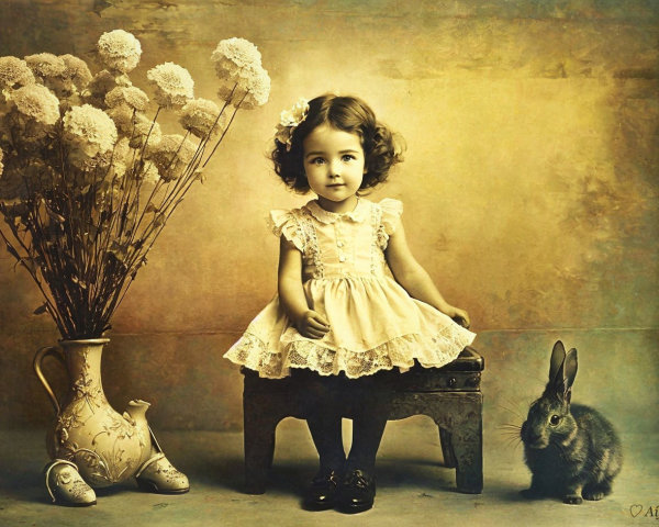 Vintage Portrait of a Girl with Rabbit and Vase
