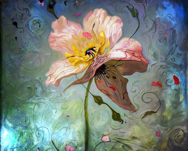 Delicate Pink Flower with Blue and Green Background