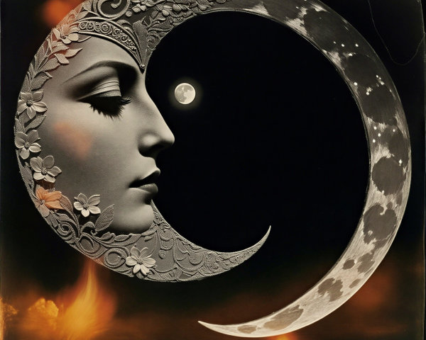 Crescent Moon and Woman's Face in Dreamlike Scene