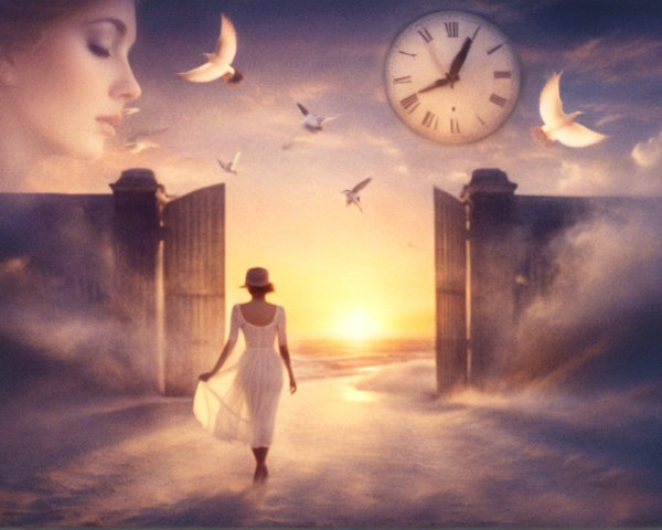 Surreal Image of Woman Walking Towards Sunset Over Ocean