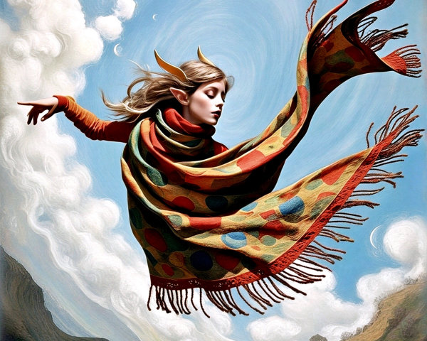 Whimsical Scene of a Flowing-Haired Figure with Ears