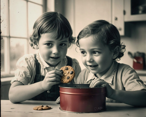 Children Sharing Cookies in a Cozy Kitchen Setting