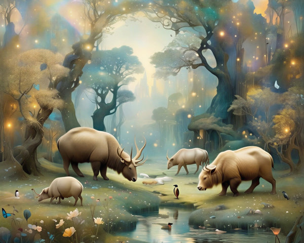 Mystical Forest Scene with Grazing Animals and Light