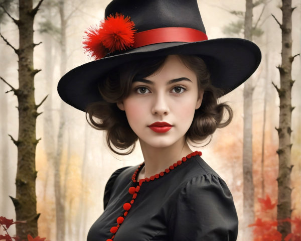 Young Woman in Vintage Style Surrounded by Autumn Forest