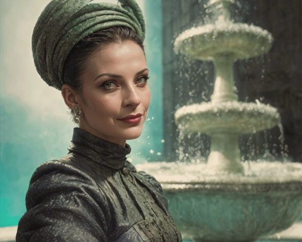 Elegant Portrait of a Woman by a Shimmering Fountain