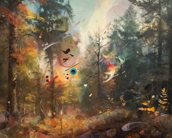 Surreal Forest Landscape with Vibrant Colors and Light