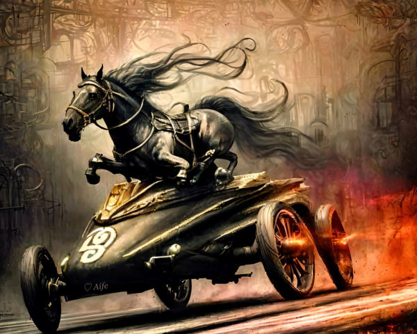 Black Horse Emerges from Vintage Steampunk Car