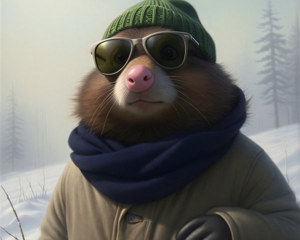 Whimsical Furry Character in Serene Winter Landscape