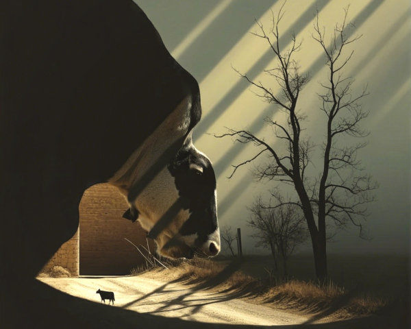 Surreal landscape with cow's face and winding road